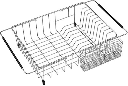 SANNO - Tendedero extensible con soporte para cubiertos de utensilios, escurreplatos en fregadero en el mostrador con soporte para cubiertos de utensilios, acero inoxidable inoxidable