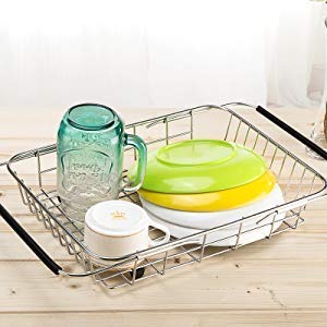 SANNO - Tendedero extensible con soporte para cubiertos de utensilios, escurreplatos en fregadero en el mostrador con soporte para cubiertos de utensilios, acero inoxidable inoxidable