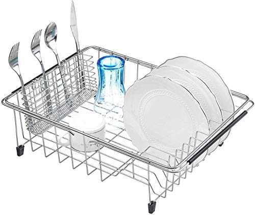 SANNO - Tendedero extensible con soporte para cubiertos de utensilios, escurreplatos en fregadero en el mostrador con soporte para cubiertos de utensilios, acero inoxidable inoxidable