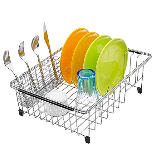 SANNO - Tendedero extensible con soporte para cubiertos de utensilios, escurreplatos en fregadero en el mostrador con soporte para cubiertos de utensilios, acero inoxidable inoxidable