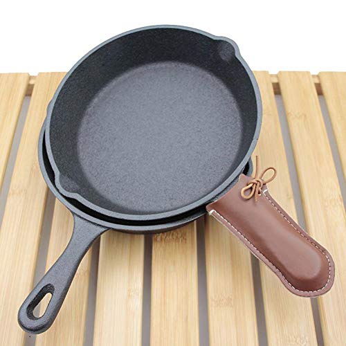Sartén de la manija de la sartén-Sartén de hierro fundido para exteriores Manguito de piel de vaca artificial Manguito Cubierta protectora plegable Anti-escaldado Aislamiento térmico(L)
