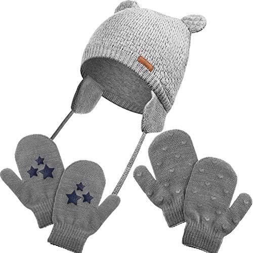 SATINIOR Conjunto de Guantes Sombrero de Bebé Gorro de Orejera de Invierno en Forma de Oso Guantes de Punto de Completos Dedos para Niños Niñas