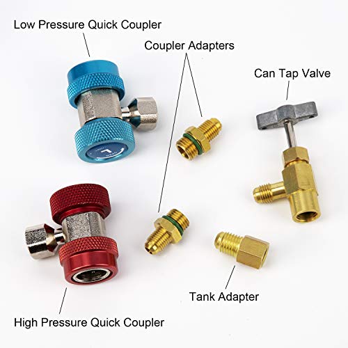 SAVITA Aire del Coche Juego de Herramientas, AC R134A Acopladores rápidos Adaptadores Puede Tocar con Adaptador de Tanque por 1/4 Pulgadas y 1/2 Pulgadas Montaje AC Manguera de medición