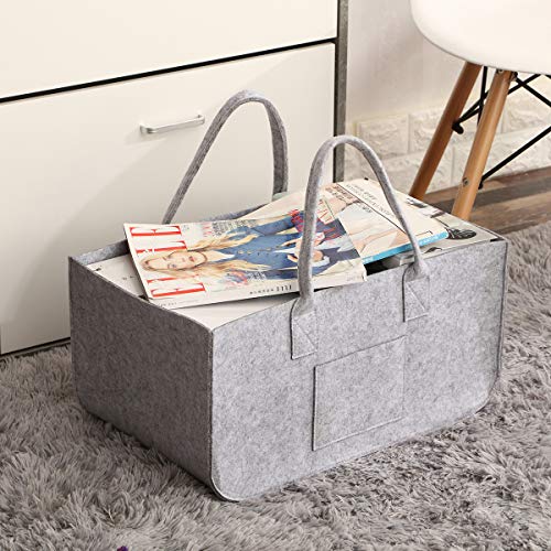 SAWAKE 2Pcs Bolsa de Fieltro Reutilizable, Cesta Fieltro para Leña Plegable Cesta de almacenaje,Bolsa para Compras, Madera, Juguetes, Periódicos, Ropas ——50cm * 25cm * 25cm(Gris)