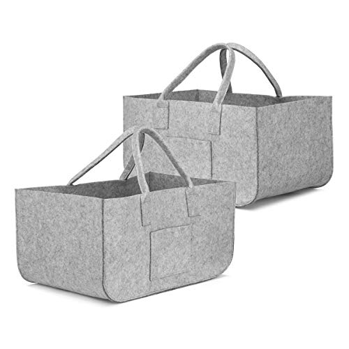 SAWAKE 2Pcs Bolsa de Fieltro Reutilizable, Cesta Fieltro para Leña Plegable Cesta de almacenaje,Bolsa para Compras, Madera, Juguetes, Periódicos, Ropas ——50cm * 25cm * 25cm(Gris)