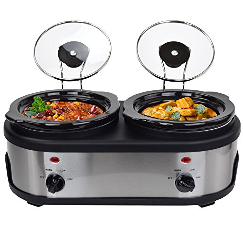 SC-3.0L OV Chef 2 x 1,5 litros Slow Cooker con función para mantener el calor, cristal de seguridad y cuenco interior extraíble de cerámica, acero inoxidable
