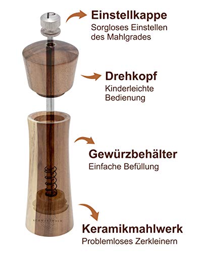 Schwarzwald Spirit - Molinillo de sal y pimienta de madera con mecanismo de cerámica + pincel de limpieza gratis + libro de regalo (idioma español no garantizado), madera, marrón