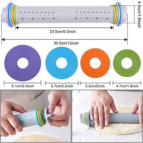 SDFY Rodillo de Amasar Rodillo de Silicona orgánica con Cuatro palitos de harina de Anillo de Grosor Ajustable Desmontable para Hornear Masa, Pasteles, Pizza, Galletas