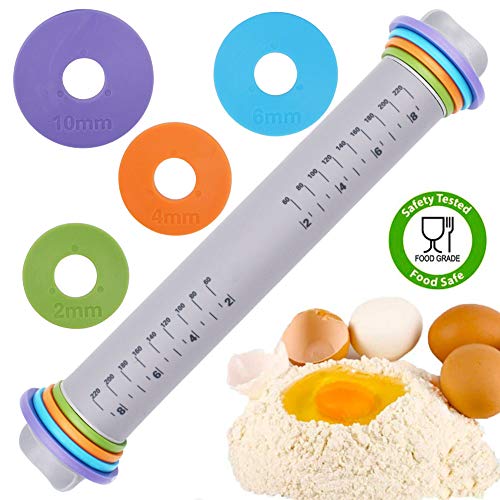 SDFY Rodillo de Amasar Rodillo de Silicona orgánica con Cuatro palitos de harina de Anillo de Grosor Ajustable Desmontable para Hornear Masa, Pasteles, Pizza, Galletas