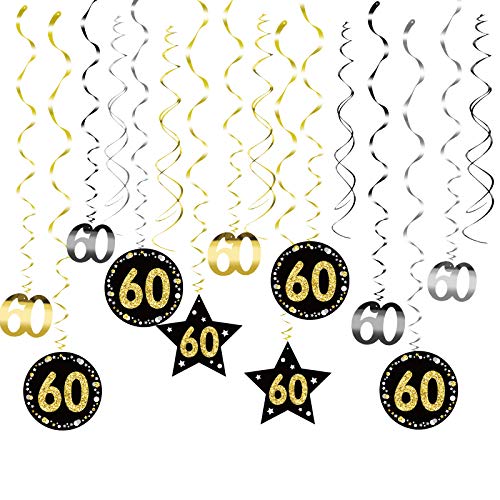 SEELOK 24pcs Remolinos Colgantes Cumpleaños 60 años Adornos de Espirales Banner Happy Birthday Guirnalda de Feliz Cumpleaños Serpentinas Fiesta para Cumpleaño Bodas Aniversario