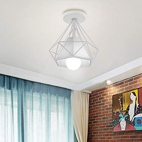 Sencilla Lámpara de Techo Industrial LED Lámpara Colgante Retro Mini Plafón Φ20cm Sombra en Forma de Diamante, Perfecto Iluminación y Decoración Porche Dormitorio Salade estar Corridor (Blanco)