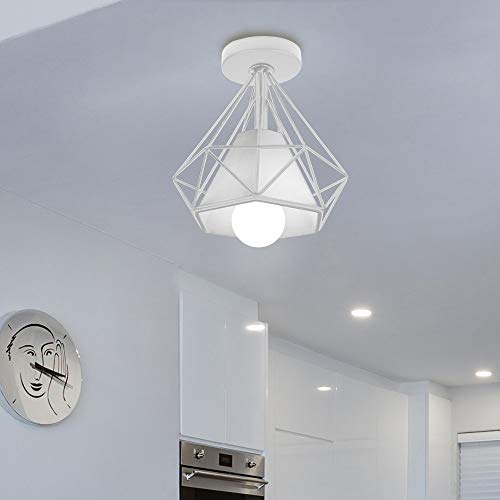 Sencilla Lámpara de Techo Industrial LED Lámpara Colgante Retro Mini Plafón Φ20cm Sombra en Forma de Diamante, Perfecto Iluminación y Decoración Porche Dormitorio Salade estar Corridor (Blanco)