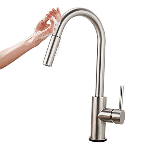 Sensor táctil extraíble Grifos,Onda de movimiento Arco alto Manija simple,Lavabo del baño Grifos,Válvula de cerámica,Mezclador de agua caliente y fría,para una Habitación,Cocina,Garaje etc-Plata