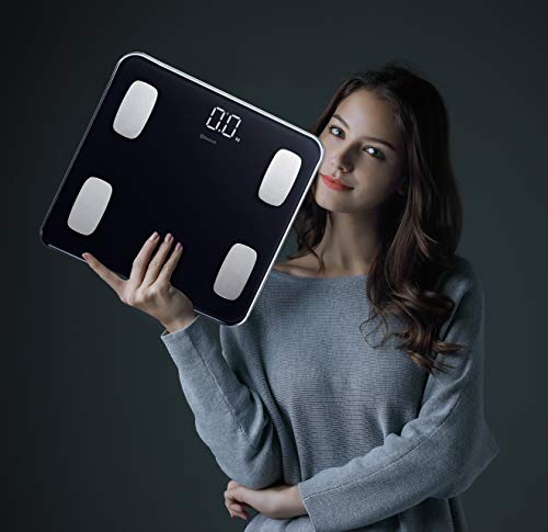 SENSSUN Bascula de Baño Digital Grasa Corporal,balanzas digitales bluetooth,analizador de composición corporal 26 * 26cm Pantalla LED con 13 Funciones,IMC/músculo/grasa corporal/masa ósea(negra)