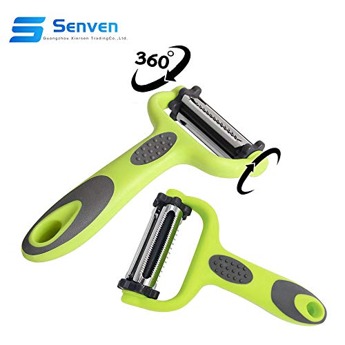 Senven® 3 en 1 Pelador de Frutas y Hortalizas, con 3 Giratoria Extra Afiladas Cuchillas de La Papas, Manzana, Naranja, Zanahoria, Pepino, Adecuado para Usuarios Diestros o Zurdos