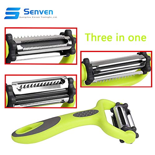Senven® 3 en 1 Pelador de Frutas y Hortalizas, con 3 Giratoria Extra Afiladas Cuchillas de La Papas, Manzana, Naranja, Zanahoria, Pepino, Adecuado para Usuarios Diestros o Zurdos