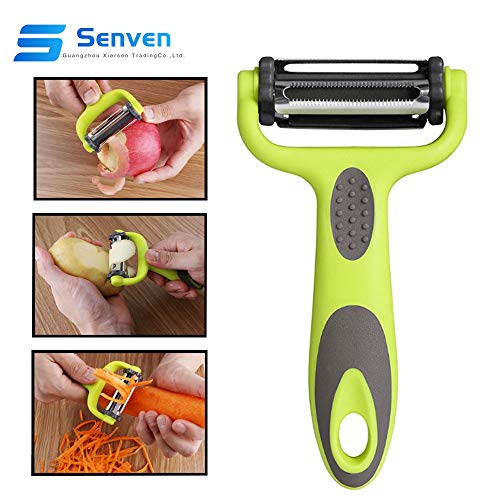Senven® 3 en 1 Pelador de Frutas y Hortalizas, con 3 Giratoria Extra Afiladas Cuchillas de La Papas, Manzana, Naranja, Zanahoria, Pepino, Adecuado para Usuarios Diestros o Zurdos