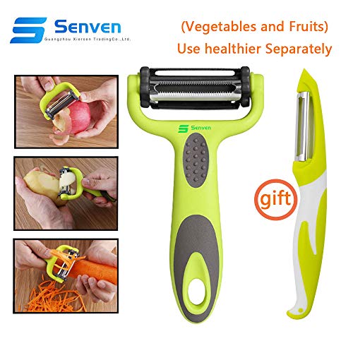 Senven® 3 en 1 Pelador de Frutas y Hortalizas, con 3 Giratoria Extra Afiladas Cuchillas de La Papas, Manzana, Naranja, Zanahoria, Pepino, Adecuado para Usuarios Diestros o Zurdos