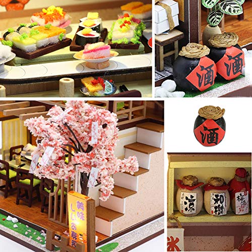 September-Europe – DIY 1:24 estilo japonés montado a mano, tienda de sushi en miniatura de madera creativa kit de bricolaje montado para regalo de cumpleaños con luces LED