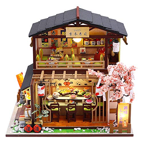 September-Europe – DIY 1:24 estilo japonés montado a mano, tienda de sushi en miniatura de madera creativa kit de bricolaje montado para regalo de cumpleaños con luces LED