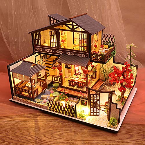 Septiembre-Europa - DIY - Kit de bricolaje para patio japonés 1:24 estilo miniatura de madera creativa casa de muñecas DIY montado para regalo de cumpleaños con luces LED