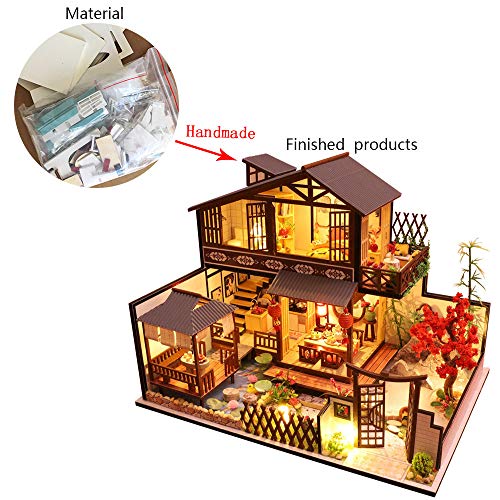 Septiembre-Europa - DIY - Kit de bricolaje para patio japonés 1:24 estilo miniatura de madera creativa casa de muñecas DIY montado para regalo de cumpleaños con luces LED
