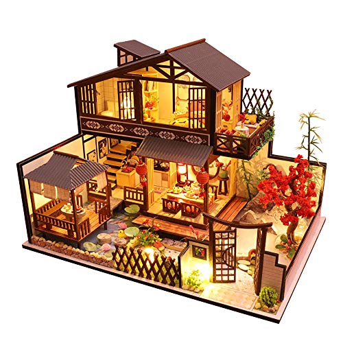Septiembre-Europa - DIY - Kit de bricolaje para patio japonés 1:24 estilo miniatura de madera creativa casa de muñecas DIY montado para regalo de cumpleaños con luces LED