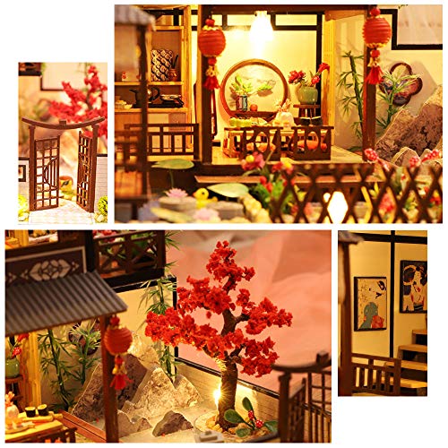 Septiembre-Europa - DIY - Kit de bricolaje para patio japonés 1:24 estilo miniatura de madera creativa casa de muñecas DIY montado para regalo de cumpleaños con luces LED