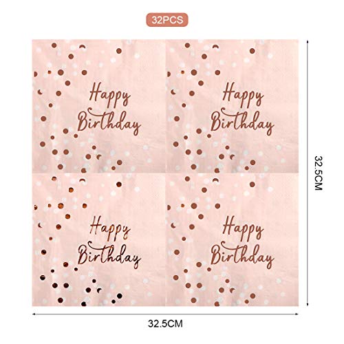 Servilletas Cumpleaños, 32 Piezas Servilletas de Papel Rosas para Cumpleaños Fiesta Niña, Decoracion Cumpleaños Aniversario, Paper Napkins Rose Gold, 3 Capas - 16,5 x 16,5 cm
