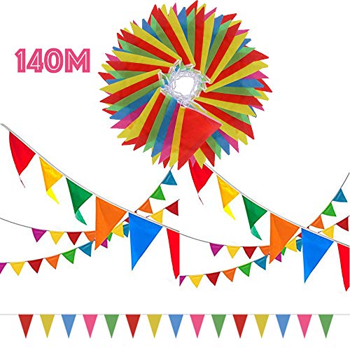 SERWOO 140m/290pcs Guirnaldas Banderas Banderines Fiesta Colores Triángulo Bunting Colgantes Decoración Cumpleaños Boda Celebracion Bienvenida Navidad Víspera Bar Adornos, 140m Total, 17*28cm