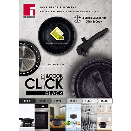 Set 3 cazos Ø16+18+20cm aluminio prensado apta inducción Click & cook black CON mango Click & cook