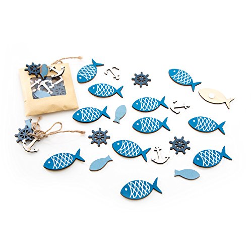 Set de 36 piezas Streudeko Maritim con Pesca, ancla timón, madera (12 peces m. pegar, 24 Mini decorativo con 2,5 cm aprox.)