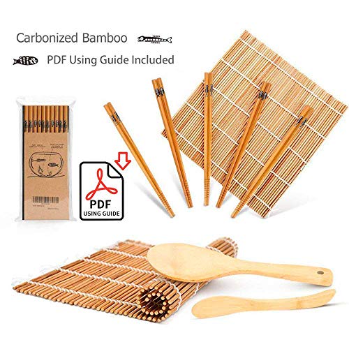 Set de 9 utensilios de bambú para hacer sushi, con 2 alfombrillas, 5 pares de palillos, espátula y esparcidor, guía para principiantes (PDF) (idioma español no garantizado)