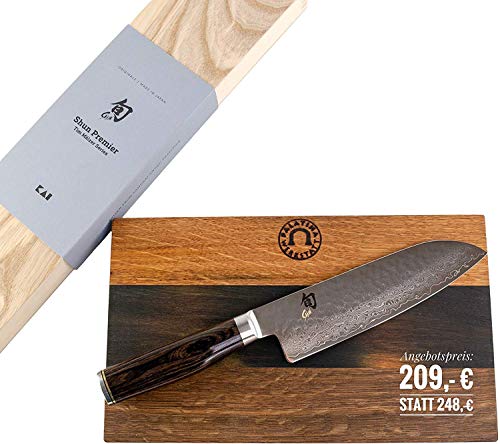 Set de oferta de KAI Shun Premiere Tim Mälzer | TDM-1702 Santoku Cuchillo | Hoja de 18 cm de acero damasco + tabla de cortar sólida hecha a mano de roble viejo 30x18 cm | Precio de venta: € 248