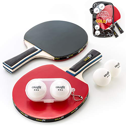 Set de Ping Pong de 2 palas y 4 pelotas de tenis de mesa con funda porta raquetas y estuche para bolas de regalo. Nivel Principiante hasta Avanzado de madera pura, caucho, esponja y mango ergonómico.