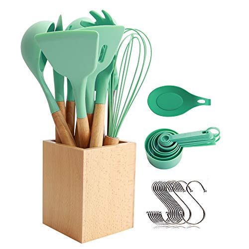 Set de utensilios para cocinar con cabeza de silicona, mango de madera y recipiente de madera (23 piezas + ganchos colgantes extra) - Set de utensilios de cocina - Verde