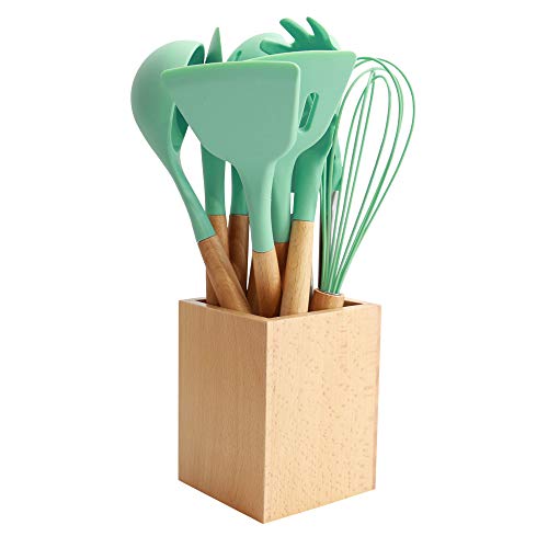 Set de utensilios para cocinar con cabeza de silicona, mango de madera y recipiente de madera (23 piezas + ganchos colgantes extra) - Set de utensilios de cocina - Verde