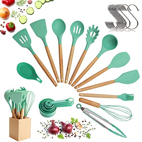 Set de utensilios para cocinar con cabeza de silicona, mango de madera y recipiente de madera (23 piezas + ganchos colgantes extra) - Set de utensilios de cocina - Verde