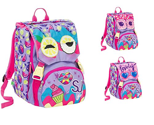 SEVEN. Mochila SJ Gang Face Extensible Flip System para niña con Solapas de limón + Estuche de 3 Pisos Completo + Diario estándar a Elegir + Llavero Giratorio + 10 bolígrafos de Colores