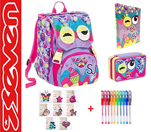 SEVEN. Mochila SJ Gang Face Extensible Flip System para niña con Solapas de limón + Estuche de 3 Pisos Completo + Diario estándar a Elegir + Llavero Giratorio + 10 bolígrafos de Colores