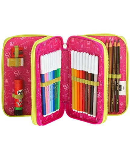 SEVEN. Mochila SJ Gang Face Extensible Flip System para niña con Solapas de limón + Estuche de 3 Pisos Completo + Diario estándar a Elegir + Llavero Giratorio + 10 bolígrafos de Colores