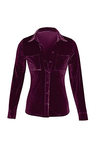 Sevozimda Las Mujeres Casual Camiseta Cuello Solapa Botón De La Blusa De Terciopelo Wined L