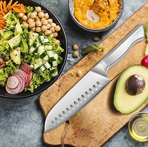 SHAN ZU Cuchillo Santoku 16,5cm - Cuchillo de Cocina Profesional, Cuchillo de Cocinero Japonés, 6,5’’ Hoja de Acero Inoxidable Alemán Ultrafino y Mango Cómodo Antideslizante Apto para Lavavajillas