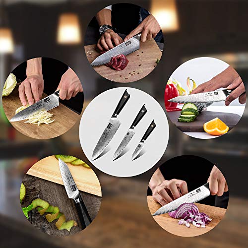 SHAN ZU Cuchillos de Cocina, Juego de Cuchillos de Cocina en Acero de Damasco AUS10, J3 Piezas Set Cuchillo Cocina Japoneses, Cuchillo de Chef Cuchillo Universal Cuchillo de Frutas