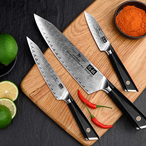 SHAN ZU Cuchillos de Cocina, Juego de Cuchillos de Cocina en Acero de Damasco AUS10, J3 Piezas Set Cuchillo Cocina Japoneses, Cuchillo de Chef Cuchillo Universal Cuchillo de Frutas
