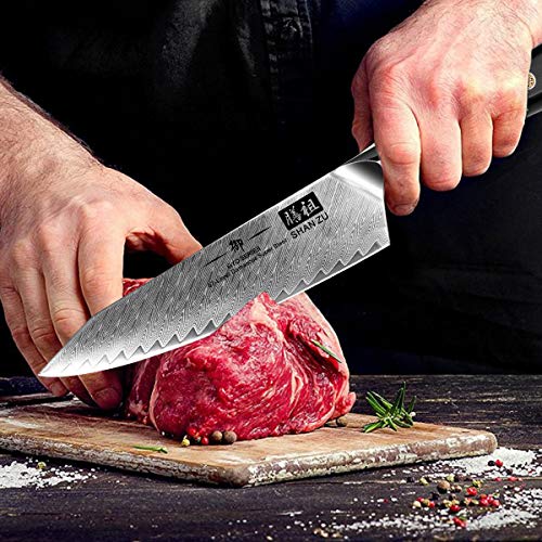 SHAN ZU Cuchillos de Cocina, Juego de Cuchillos de Cocina en Acero de Damasco AUS10, J3 Piezas Set Cuchillo Cocina Japoneses, Cuchillo de Chef Cuchillo Universal Cuchillo de Frutas