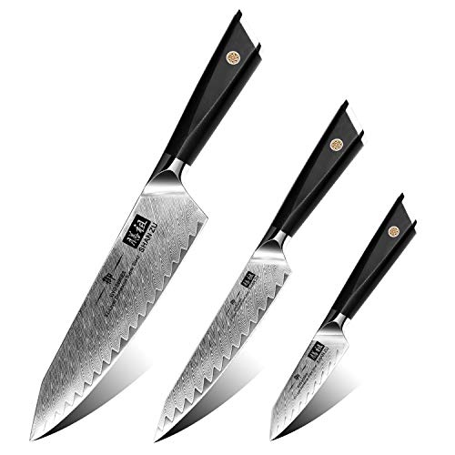 SHAN ZU Cuchillos de Cocina, Juego de Cuchillos de Cocina en Acero de Damasco AUS10, J3 Piezas Set Cuchillo Cocina Japoneses, Cuchillo de Chef Cuchillo Universal Cuchillo de Frutas