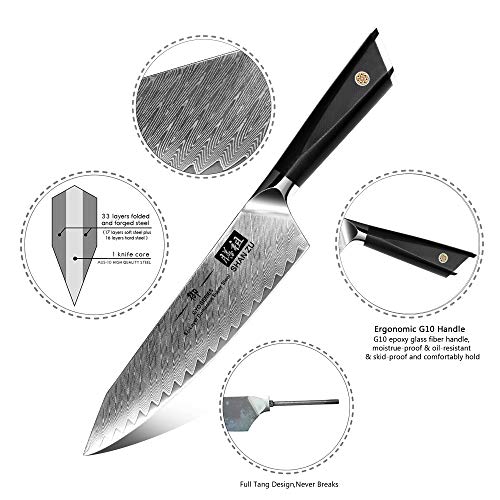SHAN ZU Cuchillos de Cocina, Juego de Cuchillos de Cocina en Acero de Damasco AUS10, J3 Piezas Set Cuchillo Cocina Japoneses, Cuchillo de Chef Cuchillo Universal Cuchillo de Frutas