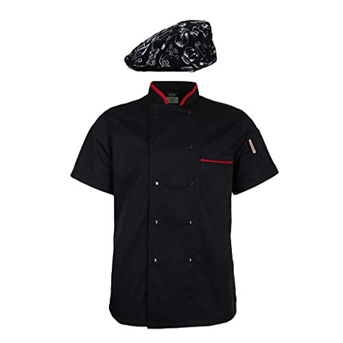 Sharplace 1x Chaqueta Uniforme de Chef 1x Gorra Patrón Vajilla Beret Panadero para Escuelas de Hostelería Restaurantes - negro, 2XL