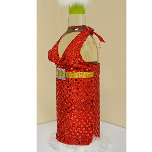 Shatchi 6174 - Bolsitas de Navidad para botellas de vino, bolsas de regalo, Papá Noel, fiesta, hogar, bar, restaurante, pub, decoración, decoración de mesa, color rojo y blanco